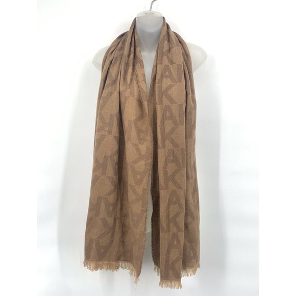 Anne Klein Scarf One Size Brown Logo Print Soft Fringe Edges NWT - Picture 2 of 5